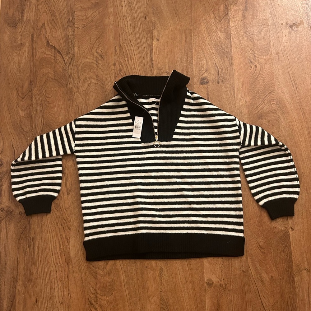new with tags! loft black and white striped quarter zip sweater